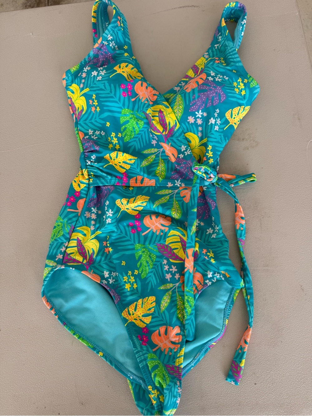 Teal Tropical One-Piece Swimsuit with Tie Waist